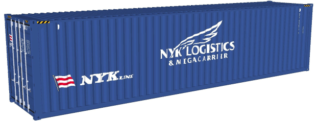 Blauer Seecontainer mit "NYK Logistics & Megacarrier"-Text, einer Flagge und einem weißen Hintergrund.
