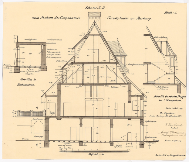 Schwarze und weiße Architekturdarstellung eines Hauses mit zahlreichen Fenstern und einem Dach, beschriftet als erstes Haus in Deutschland, begleitet von detaillierten Strukturplänen und Text.
