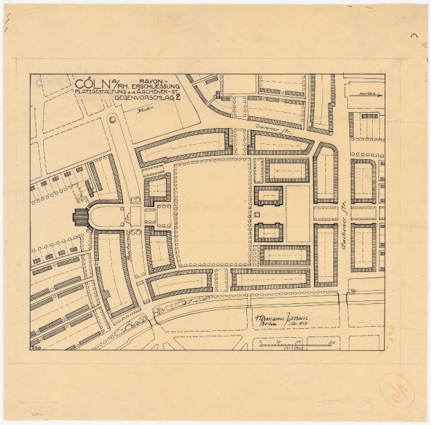 Alte Karte von Köln, Deutschland, die ein detailliertes Gebäude layout mit handgeschriebenen Textanmerkungen auf altem Papier zeigt.