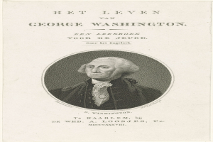 Porträt von George Washington auf Papier mit Text, frontal mit ernstem Gesichtsausdruck, trägt Anzug und Krawatte, zurückgekämmtes Haar sichtbar.