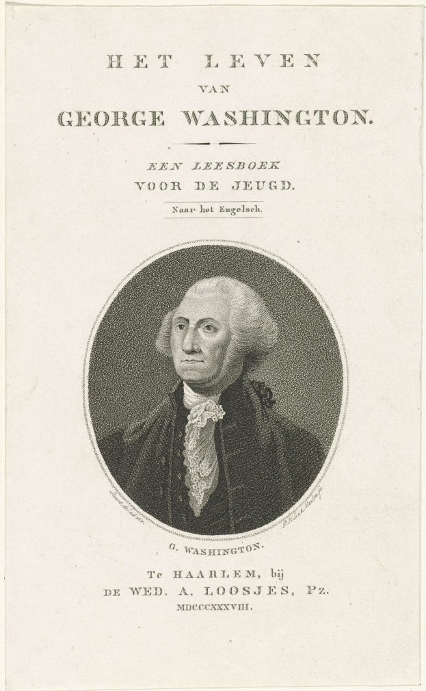 Porträt von George Washington auf Papier mit Text, frontal mit ernstem Gesichtsausdruck, trägt Anzug und Krawatte, zurückgekämmtes Haar sichtbar.