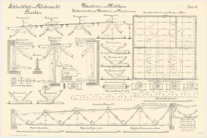 Ein detaillierter architektonischerBlueprint einer Eisenbahnbrücke, der etikettierte konstruktive Komponenten wie Trägern und Balken auf Papier zeigt.