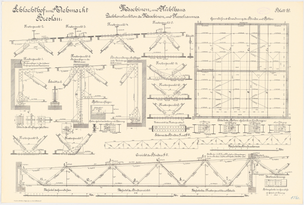 Ein detaillierter architektonischerBlueprint einer Eisenbahnbrücke, der etikettierte konstruktive Komponenten wie Trägern und Balken auf Papier zeigt.
