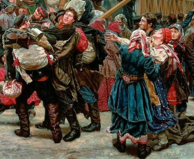 Gemälde von Menschen in traditioneller russischer Kleidung, die vor einer Menge tanzen, während einer lebhaften Szene aus der russischen Revolution, wobei einige Gegenstände halten und ein hölzernes Haus im Hintergrund zu sehen ist.