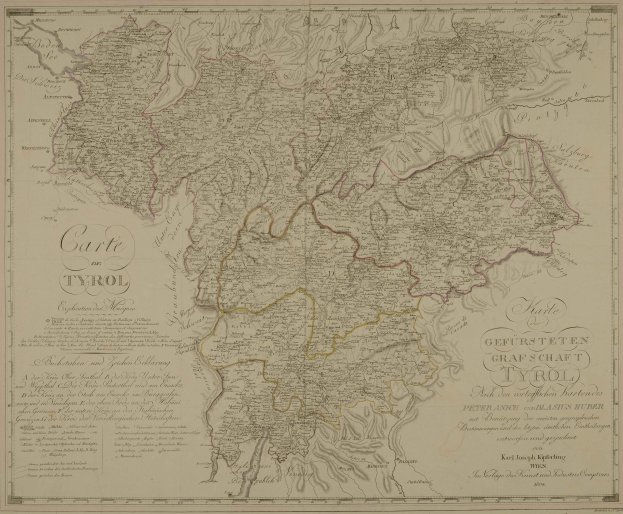 Detailierte alte Karte von Tirol, Deutschland, mit Städten, Dörfern, geografischen Merkmalen und Text mit Bevölkerung, Straßen und Sehenswürdigkeiten.