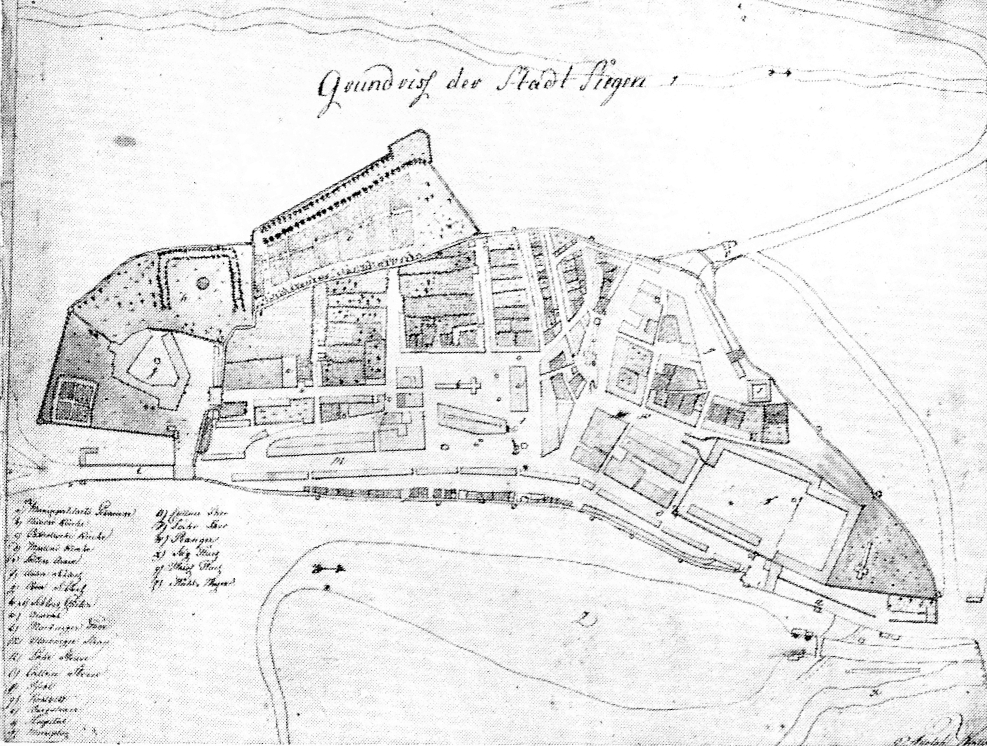 Eine Schwarz-Weiß-Detailkarte der Stadt Sigra, Deutschland, mit zahlreichen Gebäuden und Textanmerkungen.