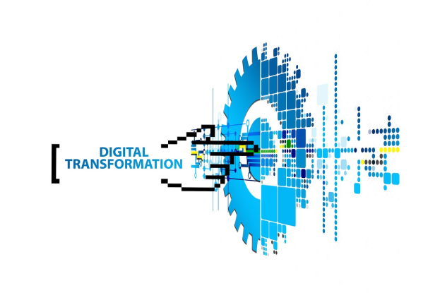 'Digital Transformation' Logo mit 'Digital Transformation' Text in der Mitte, umgeben von blauen, schwarzen und gelben Punkten auf einem weißen Hintergrund.