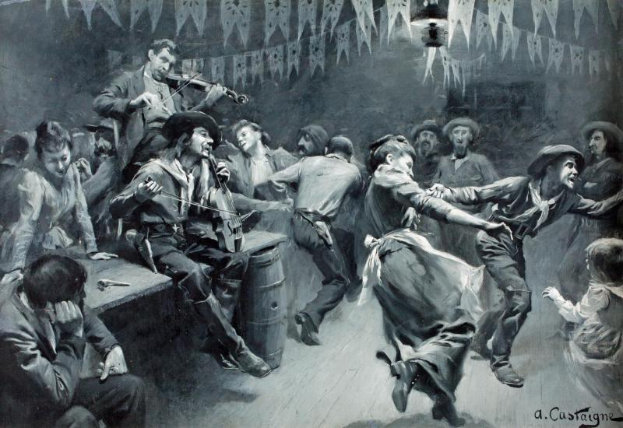 Ein Schwarz-Weiß-Gemälde, das eine Gruppe von Menschen zeigt, die in einem Raum tanzen, wobei einige sitzen und andere stehen, ein Tisch mit verschiedenen Gegenständen, ein Fass und eine Deckenlampe, mit einem Wasserzeichen in der rechten unteren Ecke, das 'A.C. Castaigne - Der Tanz der Toten' lautet.