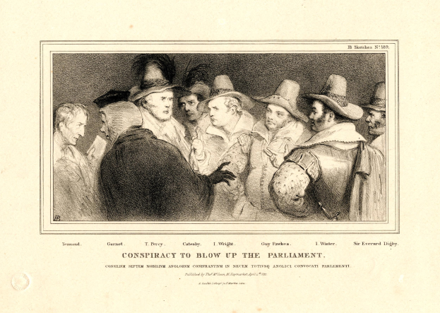 Eine Gruppe von Menschen in Not, einige schauen ängstlich nach oben und andere verwirrt nach unten, mit einem zentralen Blatt, das 'Verschwörung, das Parlament in die Luft zu jagen' trägt, vor einem dunklen Hintergrund.