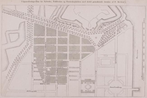 Alte Karte von Amsterdam, Niederlande, mit Planungen für Nybolder, Toldbolder und Frederikkepladen mit handschriftlichen Textanmerkungen.