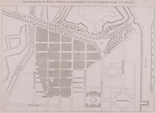 Alte Karte von Amsterdam, Niederlande, mit Planungen für Nybolder, Toldbolder und Frederikkepladen mit handschriftlichen Textanmerkungen.