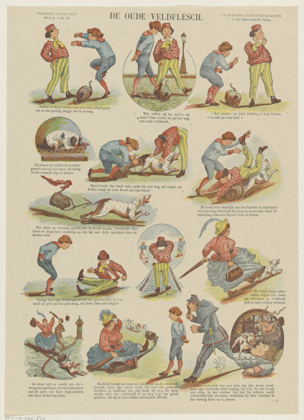 Eine Zeichnung auf Papier zeigt eine Gruppe von Menschen in bunter Kleidung, die mit einem mittelgroßen weißen und braunen Hund spielen, begleitet von fett gedrucktem Text, der die Szene beschreibt.