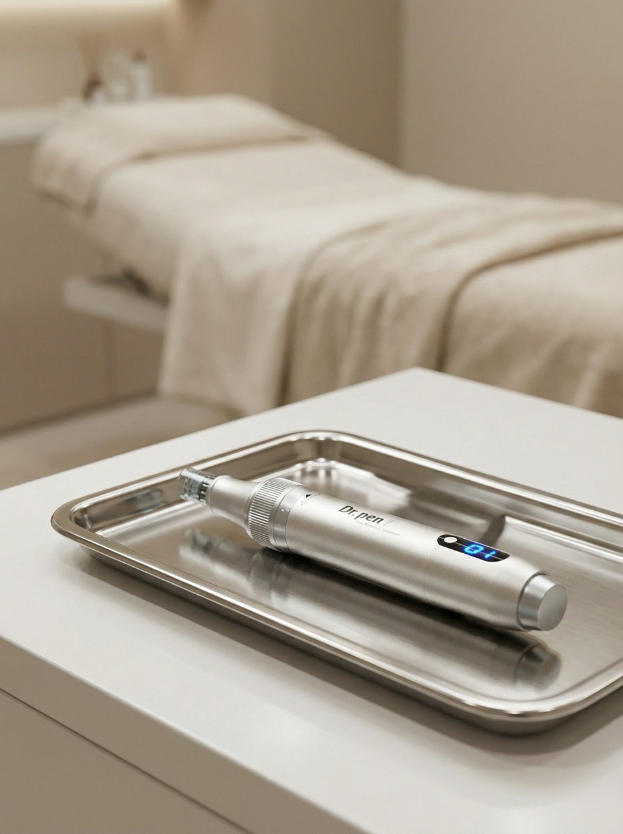 Ein modernes Microneedling-Gerät auf einem sterilen Tablett in einem professionellen Kosmetikstudio.