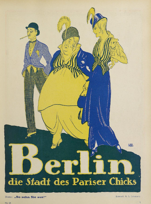 Ein Plakat für ein Konzert in Berlin, Deutschland, das eine Gruppe von Menschen in bunter Kleidung zeigt, die vor einem Gebäude stehen, über dem der Text 'Berlin - Die Stadt des Pariser Chicks' steht.