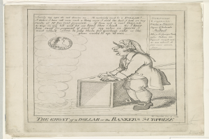 Eine Zeichnung einer Person, die vor einer Kiste steht und ängstlich nach oben schaut, mit der Aufschrift "Der Geist eines Dollars oder die Überraschung der Banker" darüber.