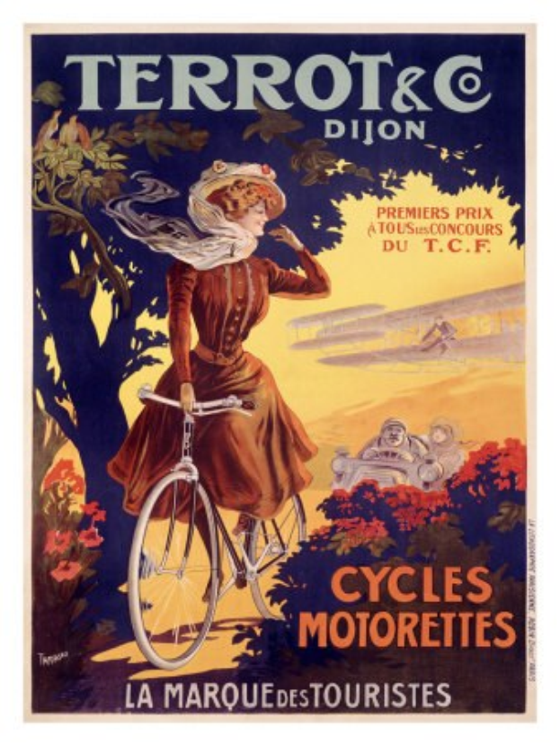 Ein Plakat, das eine Fahrradtour in Frankreich ankündigt, zeigt eine Frau auf einem Fahrrad umgeben von Bäumen, Blumen und anderen Menschen mit Textbeschriftung.