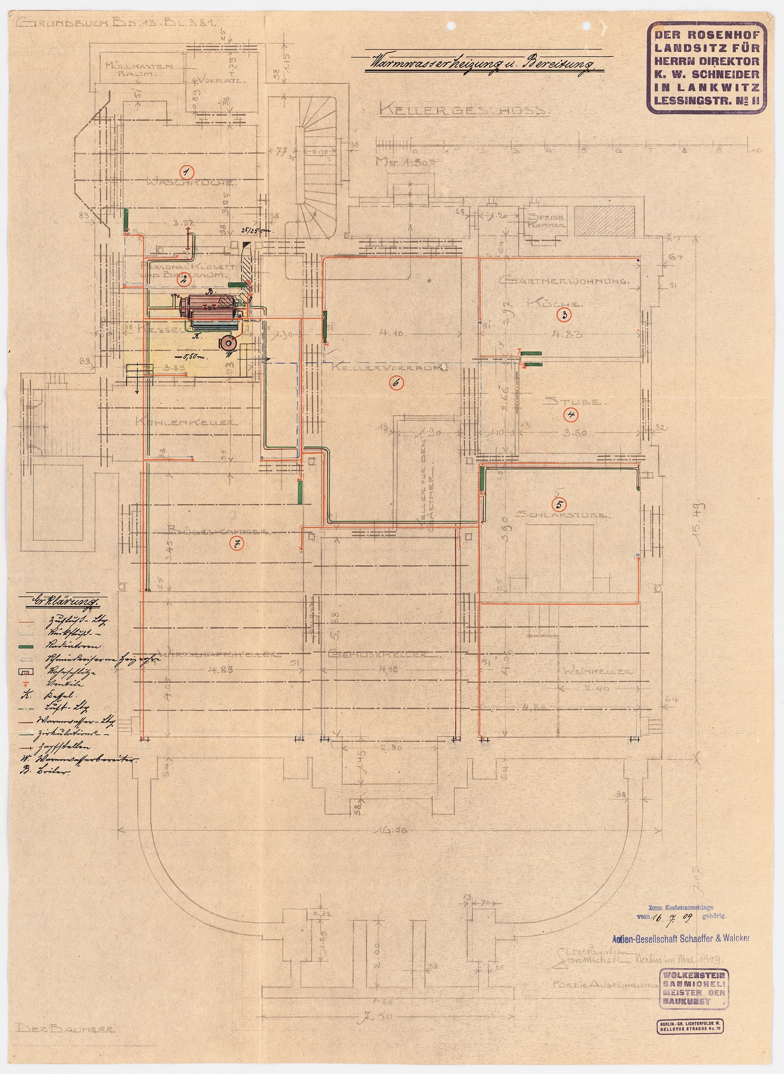 Schwarze und weiße architektonische Zeichnung des Rosenhof-Krankenhauses in Hamburg, Deutschland, die detaillierte Layout mit zahlreichen Drähten und beschriftete Räume, Flure und Merkmale auf altem Papier zeigt.