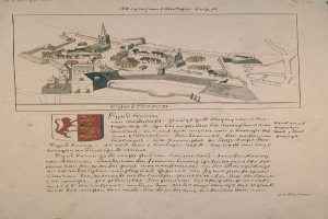 Ein abgenutztes Buchdeckel mit einer stilisierten Stadtillustration, einschließlich Geb├Ąuden und einem Logo, neben gedrucktem Text über die Stadt.