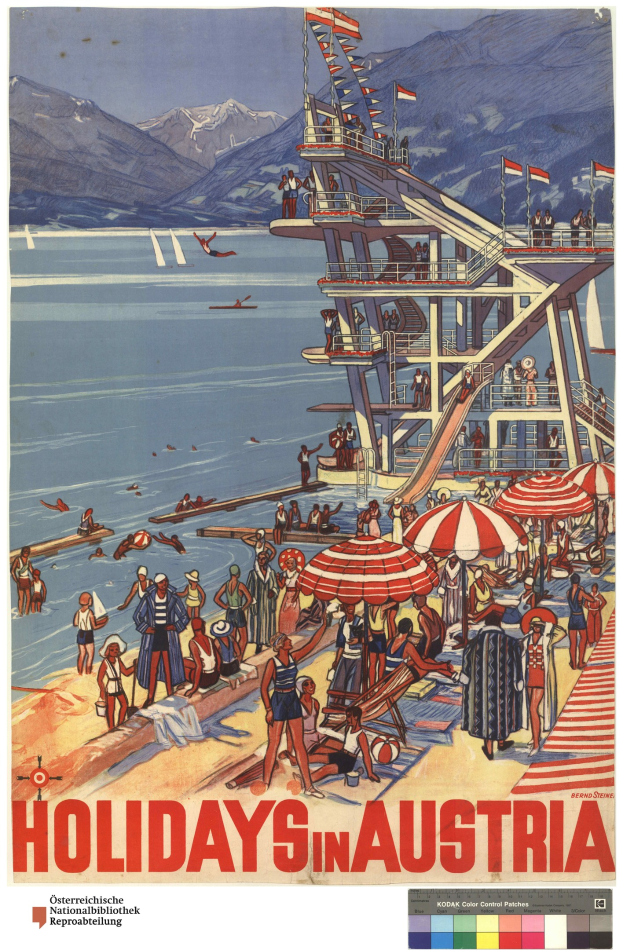 Plakat, das Urlaube in Österreich bewirbt, zeigt Menschen am Strand mit Schirmen, ein Schiff im Hintergrund, winkende Flaggen, entfernte Berge und Text.