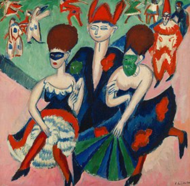 Ein Bild namens "Der Tanz des Carnival" von Henri Matisse aus dem Jahr 1913, das zwei Frauen in bunten, gemusterten Kältern und Masken zeigt, die fröhlich in einer lebendigen, farbenfrohen Atmosphäre tanzen.