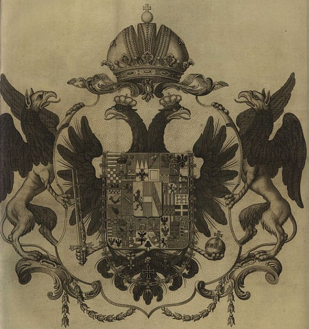 Ein Buch mit einer Zeichnung des Wappens des Deutschen Reiches, das zwei Greifen und eine Krone oben zeigt.