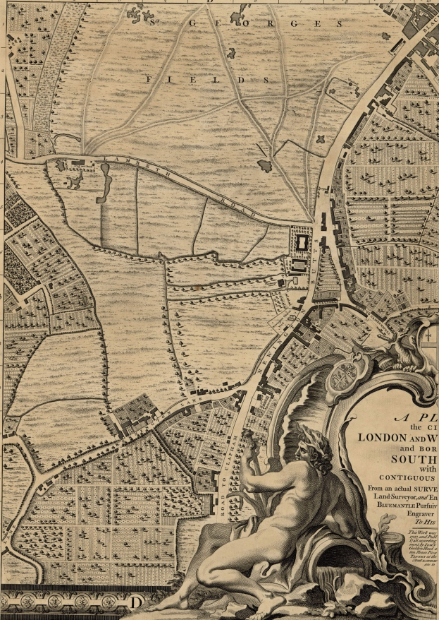 Ein detailliertes Plakat mit einer Karte von London und seiner Umgebung mit einer zentralen Skulptur einer Person.