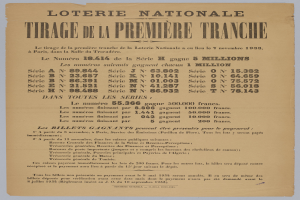 Ein Blatt Papier mit der Aufschrift "Loterie Nationale Tirage de la Première Tranche", das ein Lotterielos anzeigt.