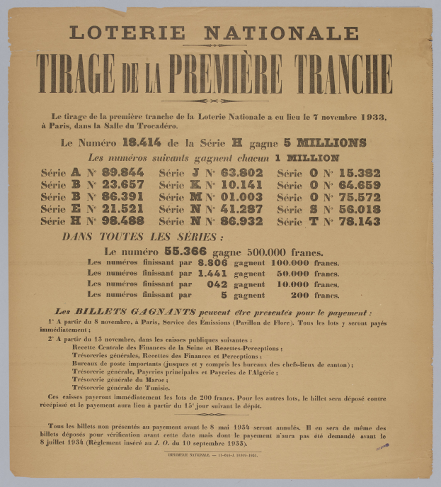 Ein Blatt Papier mit der Aufschrift "Loterie Nationale Tirage de la Première Tranche", das ein Lotterielos anzeigt.