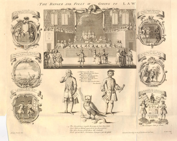 Eine Papierreproduktion, die verängstigte Menschen in verschiedenen Zuständen von Furcht und Verwirrung zeigt, begleitet von einer fett gedruckten Textstelle über die Gefahren der Rechtsverfolgung.