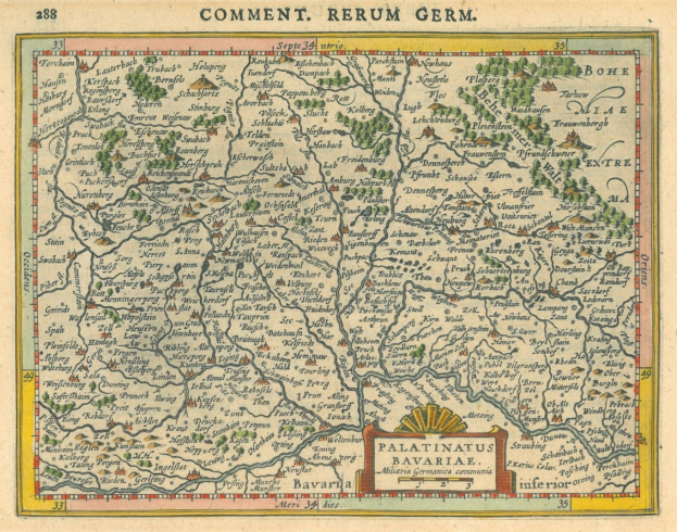 Ein altes Deutschland-Karte mit den Provinzen Pfalz und Bayern deutlich sichtbar, mit zusätzlichem Text, der weitere Informationen liefert.