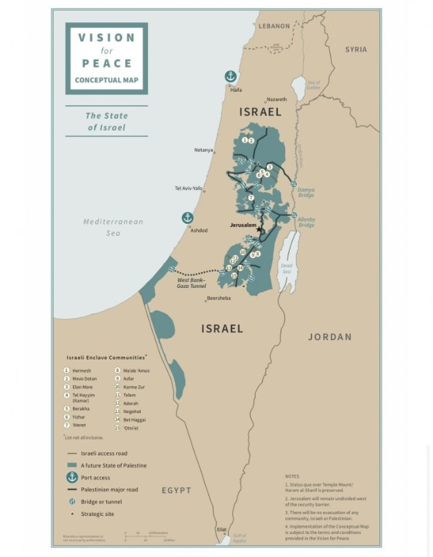 Ein Plakat mit der Aufschrift "Vision für Frieden - Konzeptkarte" zeigt eine farbcodierte Karte Israels mit fetter schwarzer Schrift.