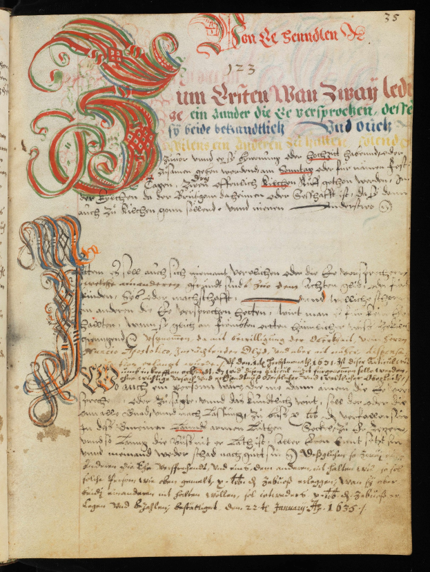 Offenes Buch mit rot-grünem Design auf dem Cover, das eine Textseite zeigt, identifiziert als bibl München, ms 0060, f 002v-002.