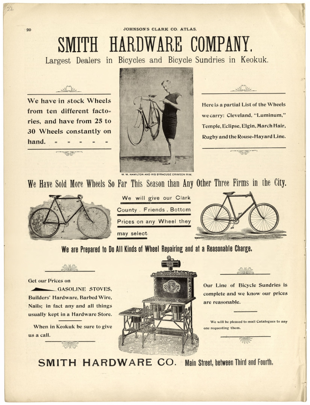 Werbung für Smith Hardware Co., die eine Person mit einem Fahrrad in den Vordergrund zeigt und Text, der die Produkte und Dienstleistungen des Unternehmens beschreibt.