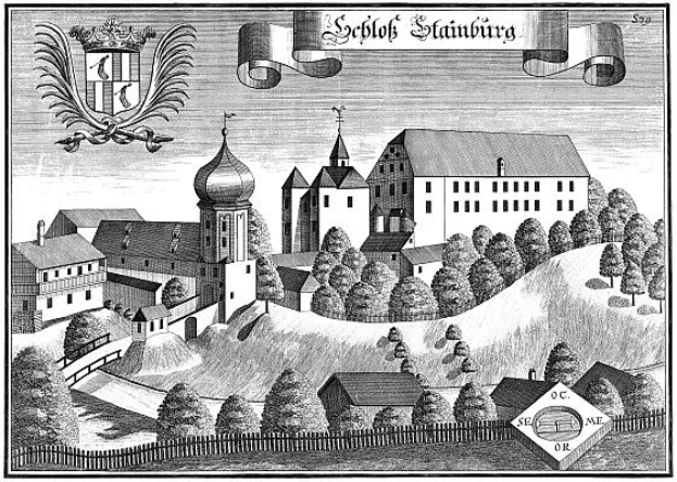 Schwarz-weiß-Radierung von Schloss Stainburg, Deutschland, die ein Schloss im Hintergrund umgeben von Bäumen, Gebäuden, einem Zaun und einem Logo zeigt, mit der Beschriftung "Schloss Stainburg, Deutschland" oben.