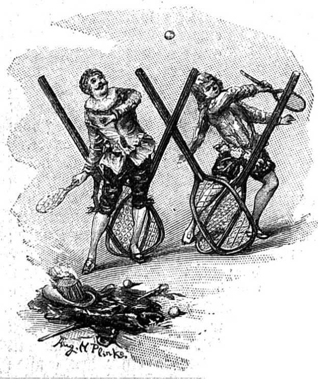 Zwei Männer in traditioneller Kleidung spielen Badminton, einer schlägt den Shuttlecock mit einem Schläger, mit dem Text "Das Badmintonspiel" unten.