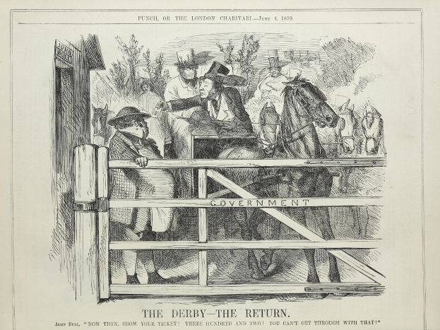 Ein Blatt mit einer Zeichnung von Menschen, Pferden, Bäumen und einem Zaun, beschriftet mit "The Derby - The Return."