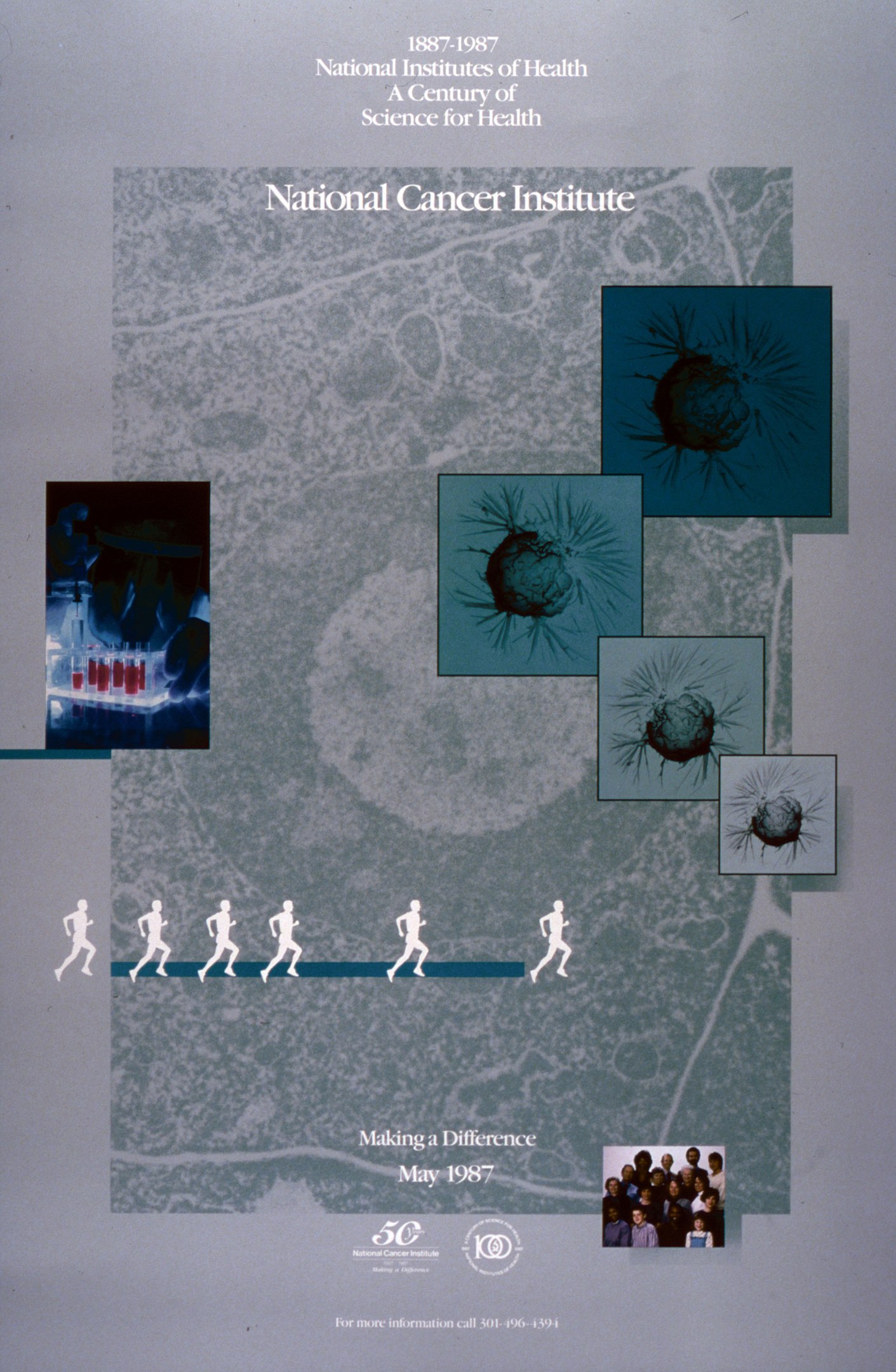 Buntes Plakat mit einem blauen Hintergrund und weißer Schrift, die "National Cancer Institute" in fetten, Großbuchstaben liest, umgeben von überlappenden Bildern von lachenden Menschen verschiedenen Alters, Geschlechts und Ethnien, die in einem Kreis angeordnet sind.