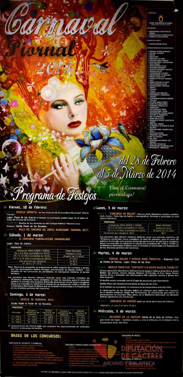 Plakat für das Karnevalsfest 2014 mit einer lachenden Frau in einem bunten Kleid auf einem leuchtend gelben Hintergrund, umgeben von schwarzem Text.