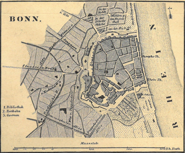 Ausführliche alte Karte von Bonn, Deutschland, zeigt Straßen, Gebäude und Sehenswürdigkeiten mit Textanmerkungen.