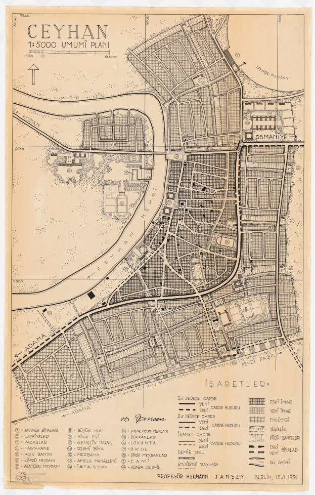 Detailreiches altes Stadtplan von Ceyhan, Türkei, zeigt Straßen, Gebäude und Sehenswürdigkeiten mit begleitendem Text über die Stadt.