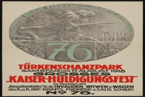 Plakat zum 70-jährigen Jubiläum des Kaiser-Huldigungsfestes in Berlin, Deutschland, mit einer Gruppe von Menschen umgeben von Text und Zahlen in einem Rahmen.