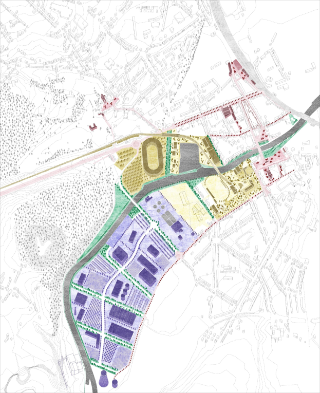 Vorgeschlagener Lageplan für die neue Stadt London auf einer farbigen Stadtkarte mit zahlreichen Gebäuden dargestellt.