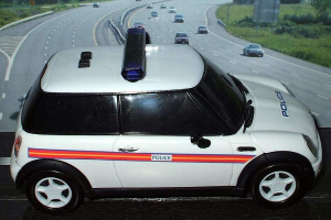 Weißer Polizeiwagen vor einer befahrenen Straße mit Fahrzeugen, Gras und Bäumen auf beiden Seiten, aufgenommen außerhalb einer Stadt.