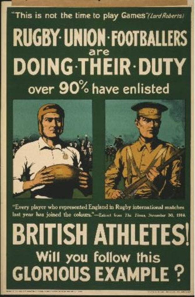 Plakat mit zwei Rugbyspielern in Militäruniform mit Text über britische Athleten, die sich melden.