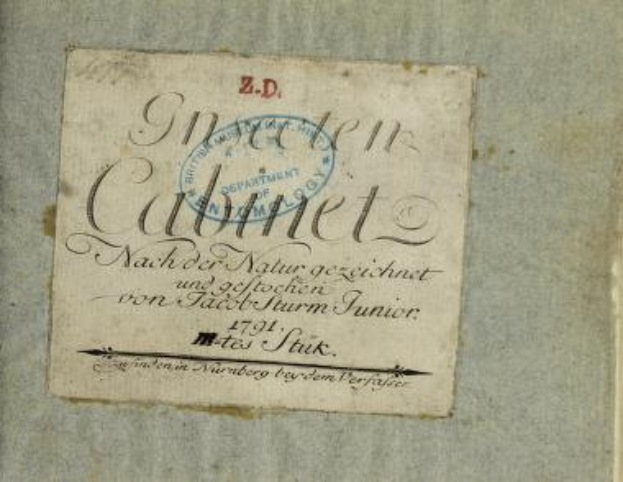 Ein altes Buch mit dem Titel "Z.D. Nürnberg, Deutschland, 1791" mit einem Erstausgaben-Stempel und handgeschriebenem Text auf dem Papier.
