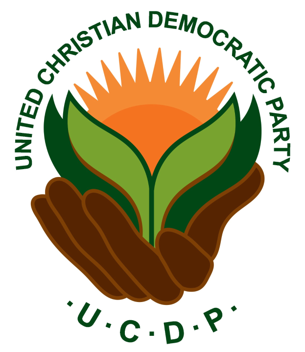 Logo der Vereinigten Christlich Demokratischen Partei (UCDP): eine Hand, die eine leuchtend gelbe Blume mit einem grünen Stiel und Blättern hält, zentriert innerhalb eines blauen und gelben Kreises auf einem weißen Hintergrund, mit "UCDP" in fetter schwarzer Schrift darunter.