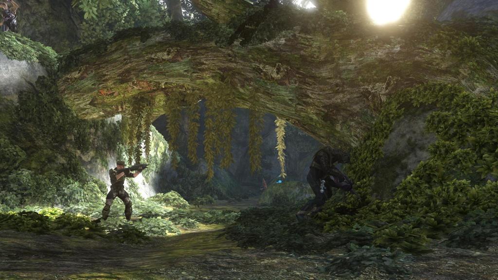 Eine Person, die eine Sonne in einem Videospiel hält, mit einer anderen Person davor, umgeben von Grünfläche mit Bäumen und Pflanzen.