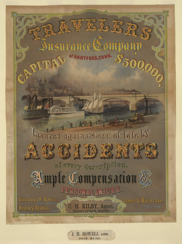 Anzeigetafel der Hartford Travelers Insurance Company, Connecticut, mit Booten, einer Brücke, Gebäuden und Texten, die die Reiseversicherungsdienste der Hartford Travelers Insurance Company bewerben.