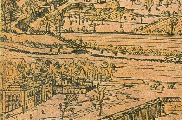 Eine Zeichnung einer Stadt mit einem gewundenen Fluss, umgeben von üppigen grünen Bäumen und hohen Gebäuden, die eine friedliche Atmosphäre vermittelt.