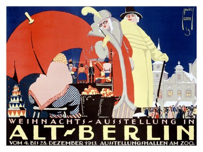 Plakat für eine Weihnachtsausstellung in altem Berlin mit bunten Illustrationen von Menschen, Gebäuden und Gegenständen und dem Text "Weihnachtsausstellung in Alt-Berlin" oben.
